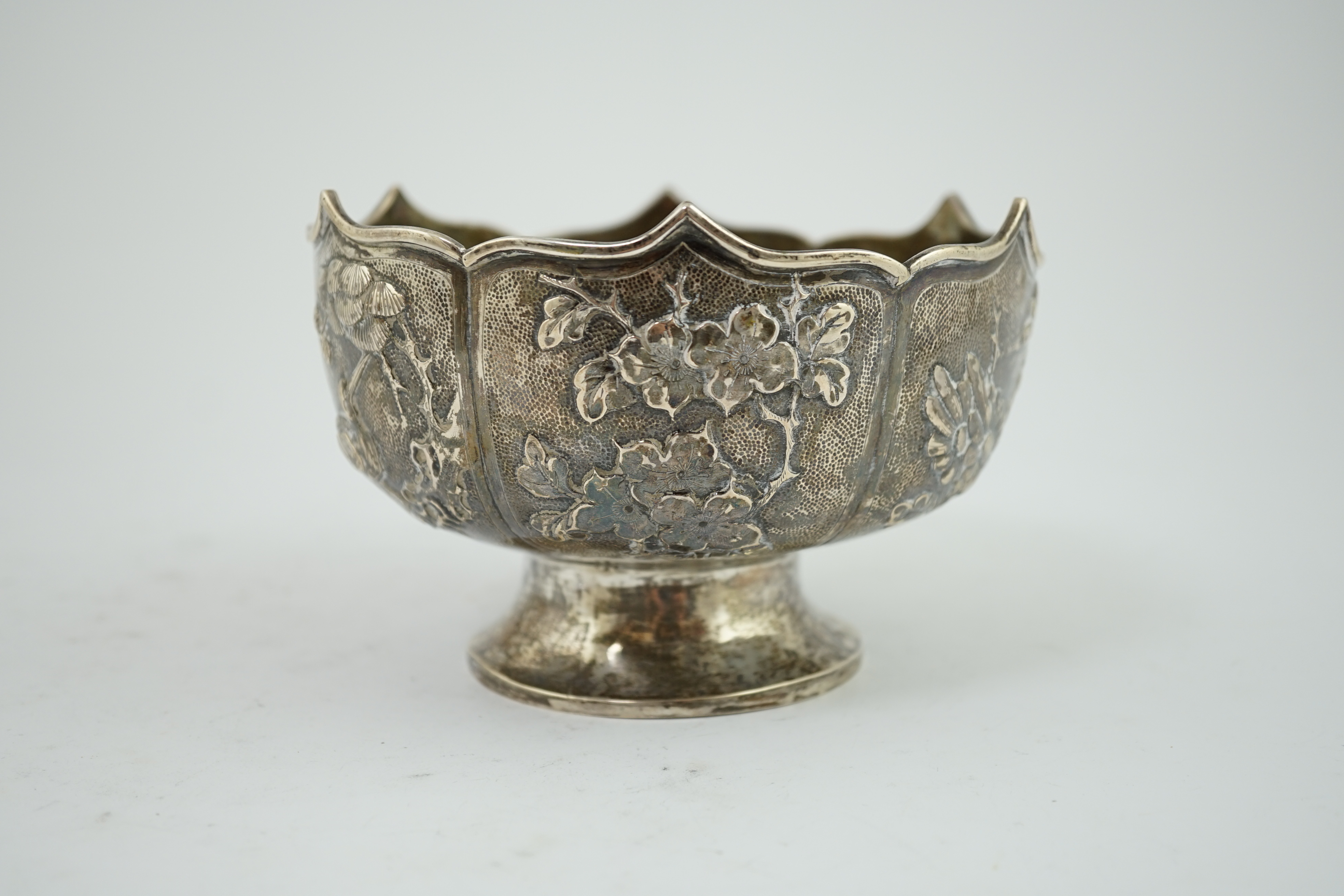 A Japanese white metal small rose bowl